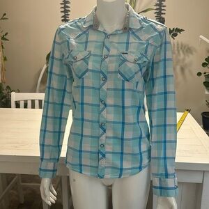 Guess XS baby blue two toned and white plaid button up